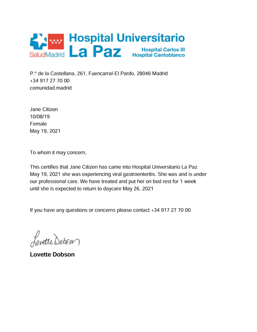 Hospital Universitario La Paz doctor note template in Word and PDF formats