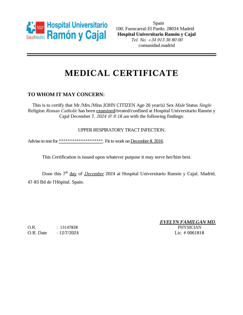 Hospital Universitario Ramón y Cajal medical certificate template in Word and PDF formats