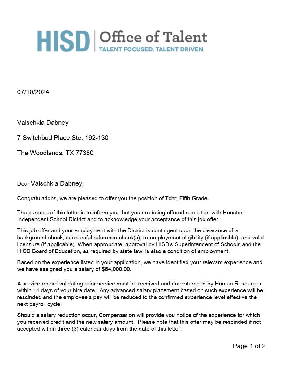 Houston Independent School District (HISD) Teacher 5th grade offer letter in Word and Pdf formats