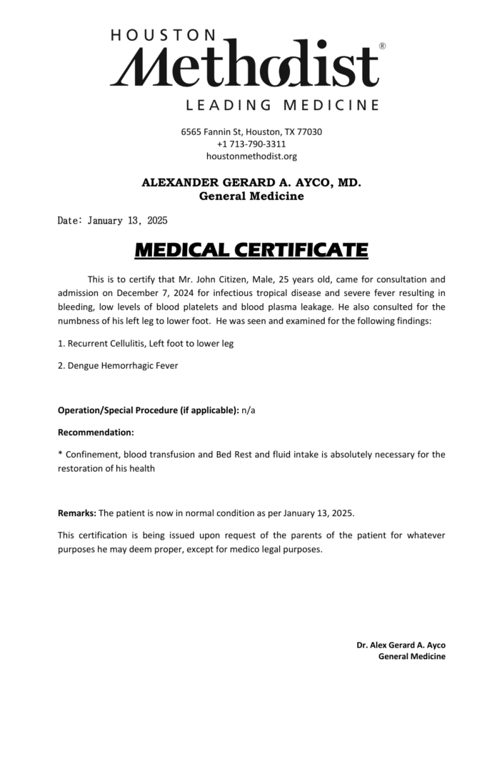 Houston Methodist Hospital medical certificate template in Word and PDF formats