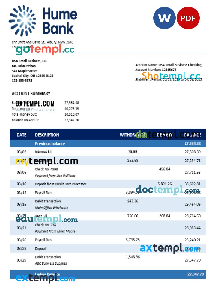 Humebank enterprise account statement Word and PDF format