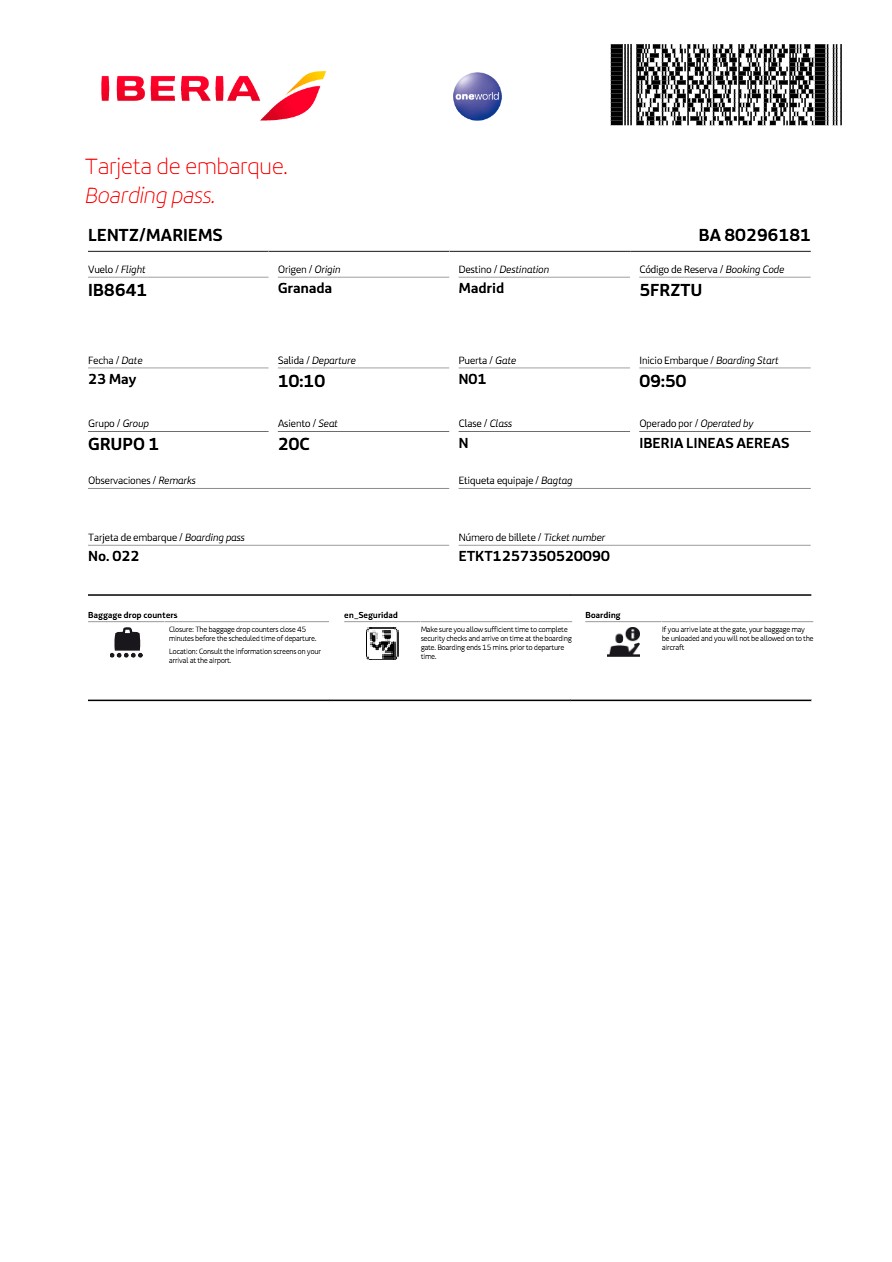 Laudamotion boarding pass in Word and PDF formats