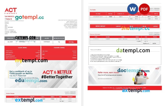 India ACT Fibernet tax Invoice editable template in Word and PDF formats