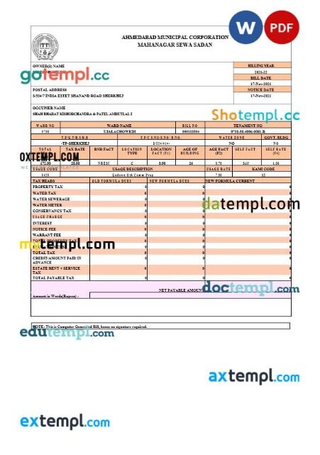 India Ahmedabad Municipal Corporation tax bill editable template in Word and PDF formats