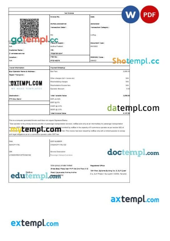 India Andhra Pradesh Ibibo group tax invoice editable template in Word and PDF formats