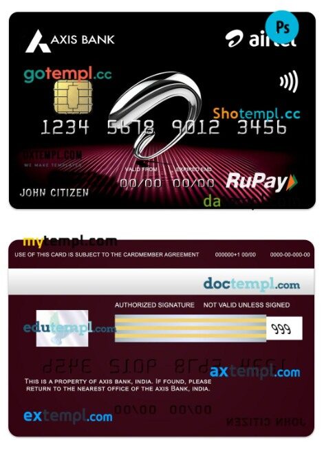 India Axis Bank Airtel RuPay credit card template in PSD format