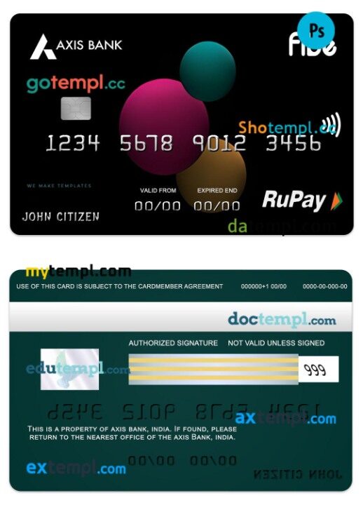 India Axis Bank Fibe RuPay credit card template in PSD format