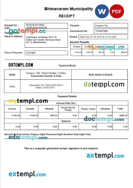 India Bhimavaram Municipality tax bill editable template in Word and PDF formats