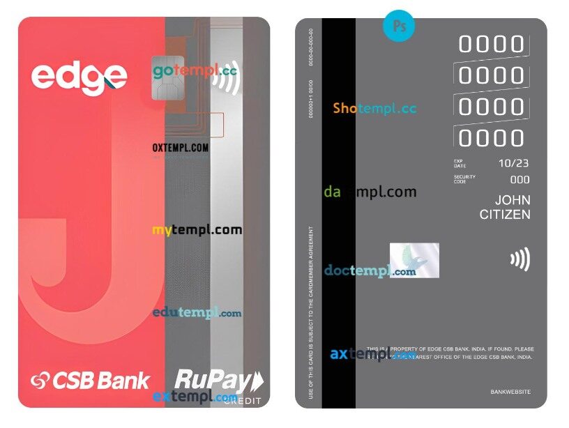 India Edge CSB Bank RuPay credit vertical card template in PSD format