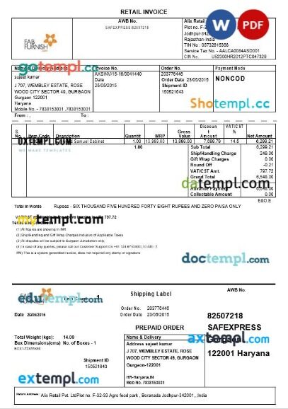 India Fab Furnish tax invoice editable template in Word and PDF formats