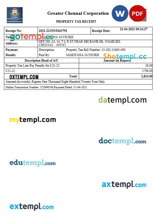 India Greater Chennai Corporation property tax receipt editable template in Word and PDF formats