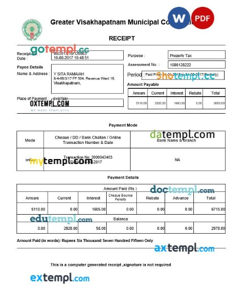 India Greater Visakhapatnam Municipal Corporation property tax receipt editable template in Word and PDF formats