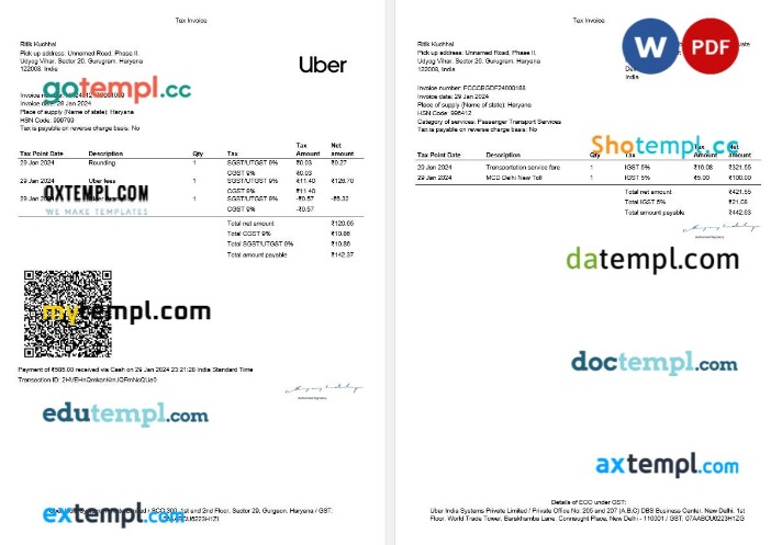 India Haryana Uber India Systems tax invoice editable template in Word and PDF formats