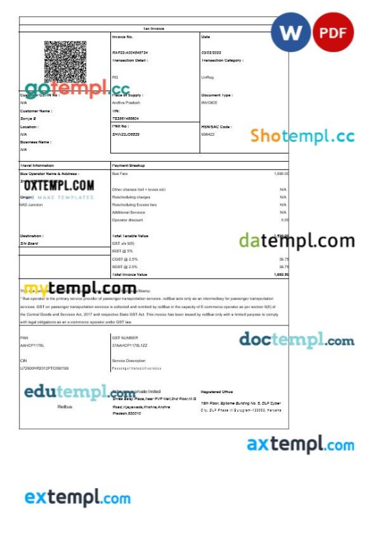 India Ibibo Group tax invoice editable template in Word and PDF formats