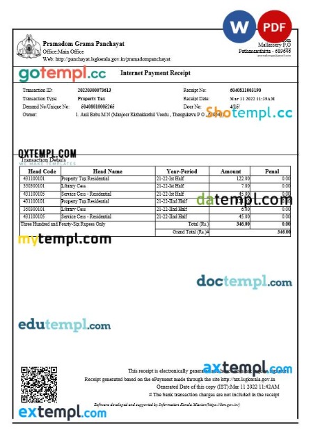 India Maharashtra Pimpri Chinchwad Municipal Corporation income tax bill editable template in Word and PDF formats