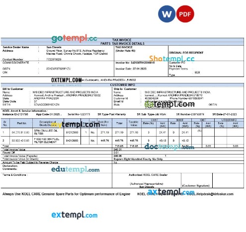 India Kirloskar tax invoice editable template in Word and PDF formats