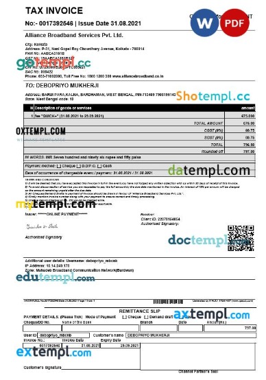 India Kolkata Alliance Broadband Services tax bill editable template in Word and PDF formats