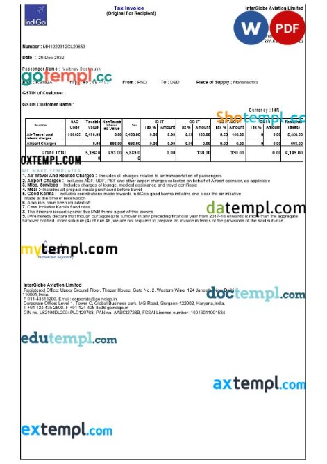 India Maharashtra IndiGo flight ticket tax invoice editable template in Word and PDF formats