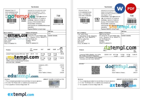 India Parker Hannifin tax invoice editable template in Word and PDF formats