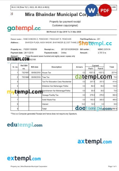 India Maharashtra Mira Bhaindar Municipal Corporation property tax bill editable template in Word and PDF formats