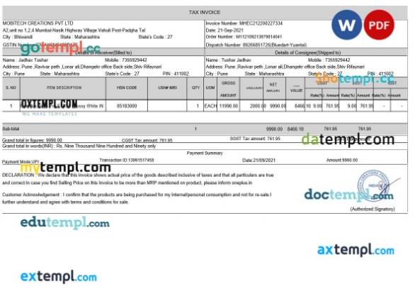 India Maharashtra Mobitech Creations tax invoice editable template in Word and PDF formats