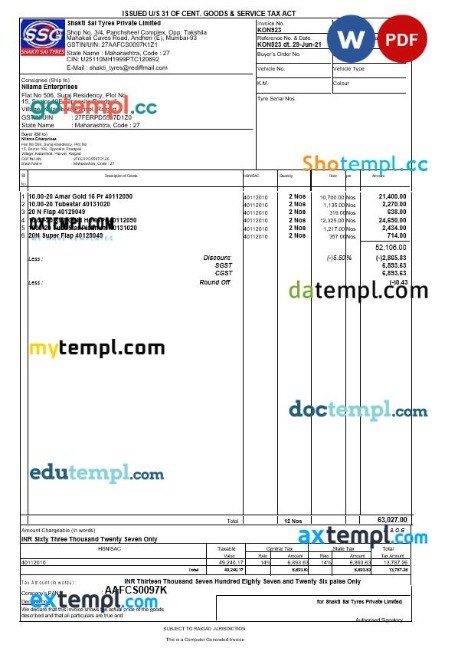 India Maharashtra Shakti Sai Tyres tax invoice editable template in Word and PDF formats