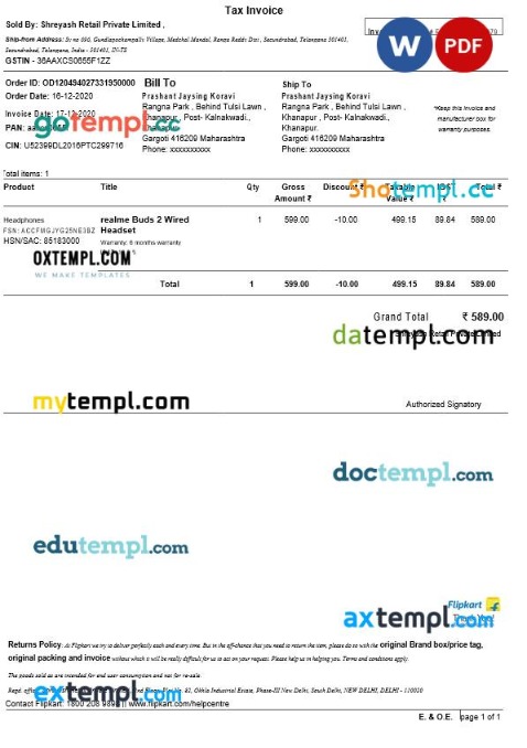 India Maharashtra Shreyash Retail Private Limited tax invoice editable template in Word and PDF formats