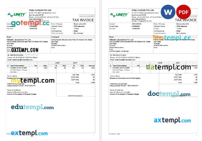 India Maharashtra Unity Controls Pvt. Ltd. tax invoice editable template in Word and PDF formats