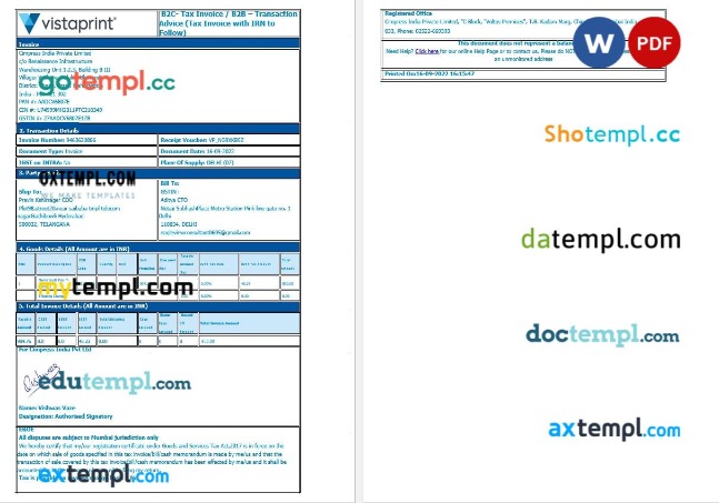 India Parker Hannifin tax invoice editable template in Word and PDF formats