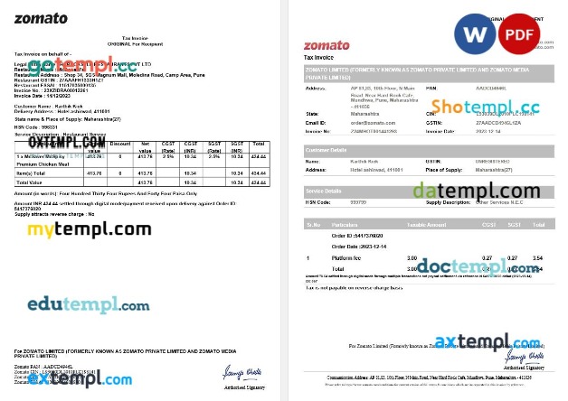 India Maharashtra Zomato tax invoice editable template in Word and PDF formats