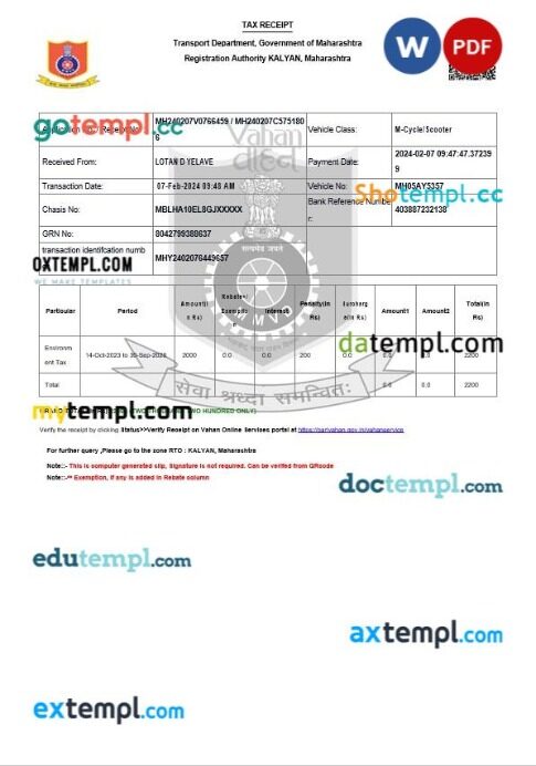 India Maharashtra vehicle tax receipt editable template in Word and PDF formats, version 3