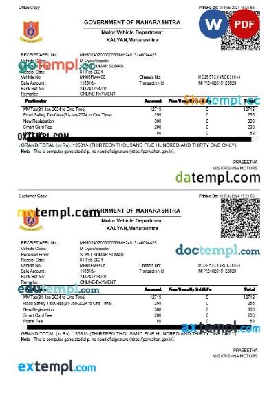 India Parker Hannifin tax invoice editable template in Word and PDF formats