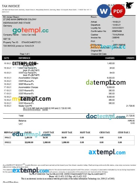 India Parker Hannifin tax invoice editable template in Word and PDF formats