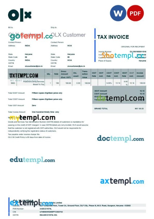 India OLX tax invoice editable template in Word and PDF formats