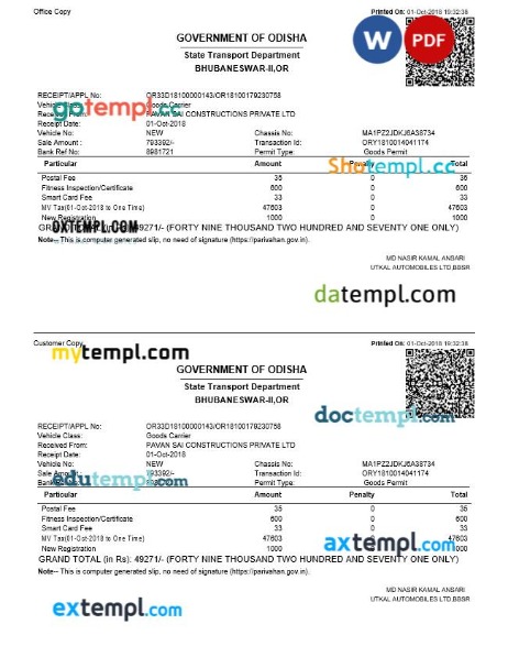 India Parker Hannifin tax invoice editable template in Word and PDF formats