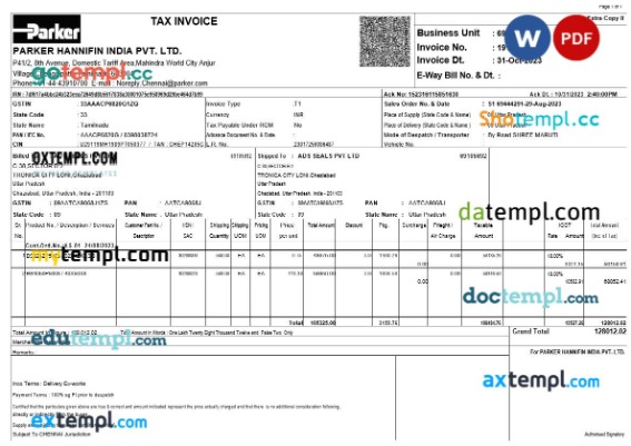 India Parker Hannifin tax invoice editable template in Word and PDF formats