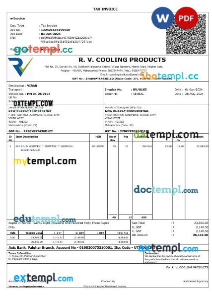 India R. V. Cooling Products tax invoice editable template in Word and PDF formats