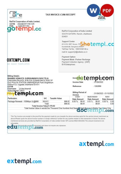 India RailTel tax invoice editable template in Word and PDF formats