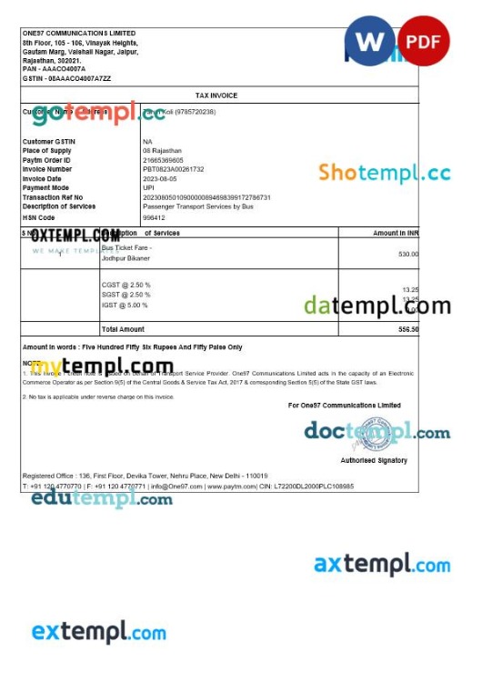 India Rajasthan Paytm tax invoice editable template in Word and PDF formats