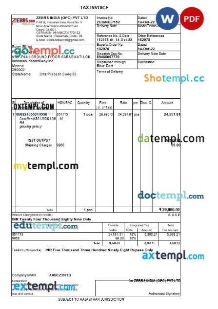 India Rajasthan Zebrs India tax invoice editable template in Word and PDF formats