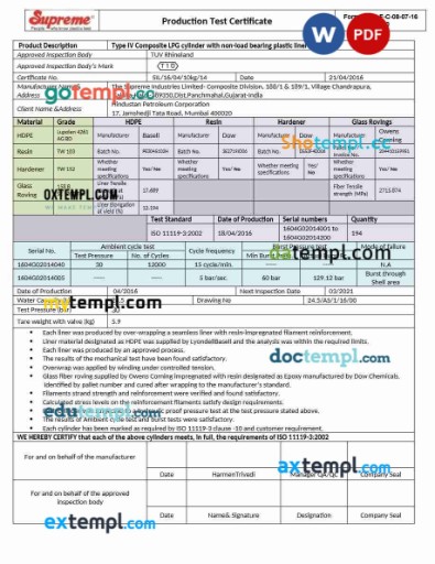 India Supreme production test certificate editable template in Word and PDF format