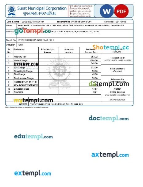 India Surat Municipal Corporation property tax receipt editable template in Word and PDF formats, version 2