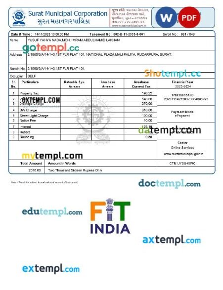 India Surat Municipal Corporation property tax receipt editable template in Word and PDF formats