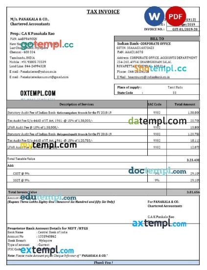 India Tamil Nadu Panakala & Co. tax invoice editable template in Word and PDF formats