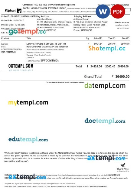 India Tech Connect Retail, Flipkart tax invoice editable template in Word and PDF formats