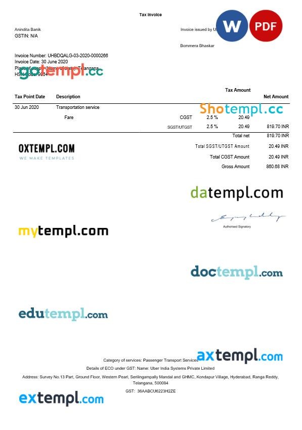 India Telangana Uber tax invoice editable template in Word and PDF formats