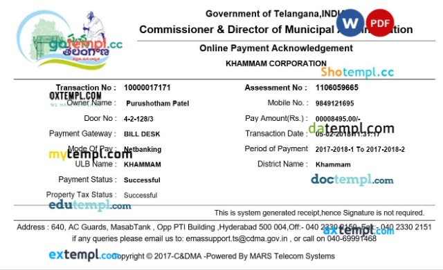 India Telangana online payment acknowledgement tax receipt editable template in Word and PDF formats