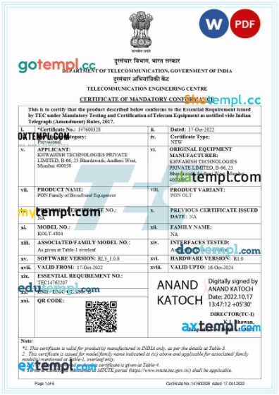 Nigeria Standards organisation of Nigeria conformity certificate template in Word and PDF format