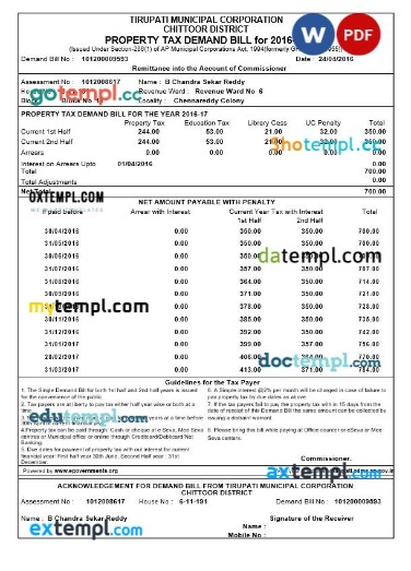 India Tirupati Municipal Corporation property tax demand bill editable template in Word and PDF formats