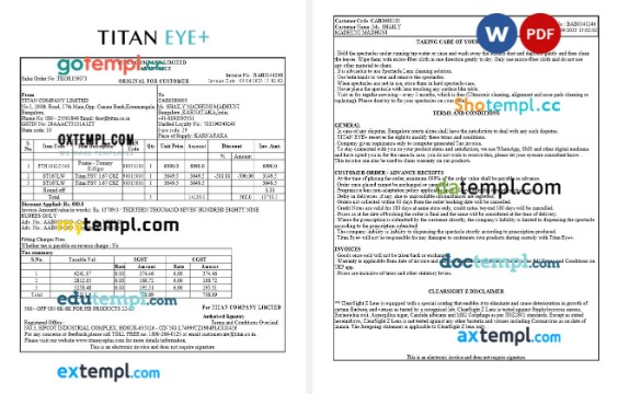 India Titan Company tax invoice editable template in Word and PDF formats